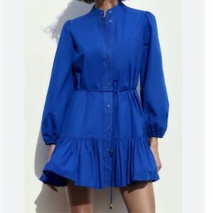 Zara Cobalt Blue belted ruffled hem cotton shirt dress woman’s small